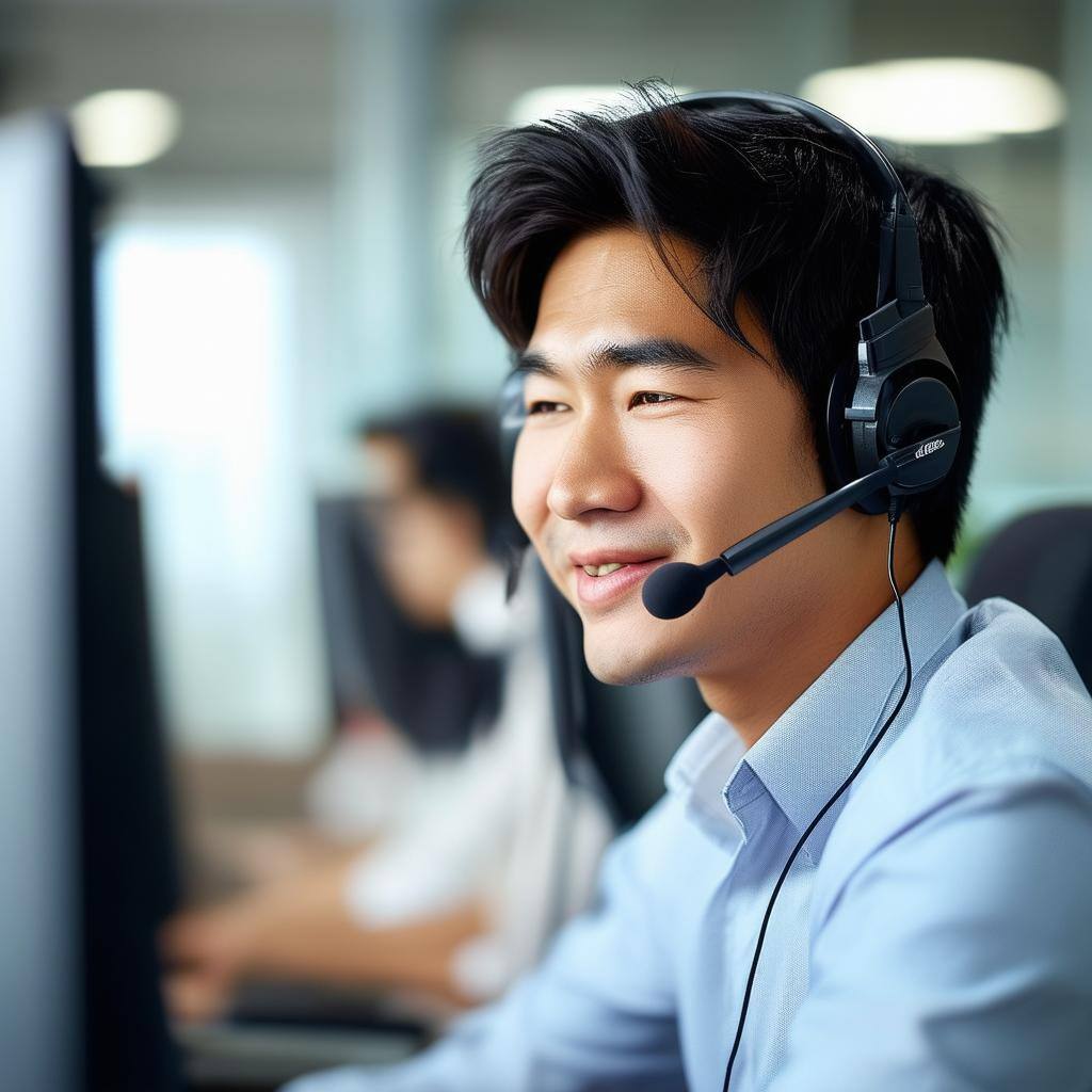 male asian contact center on headset male asian contact center on headset